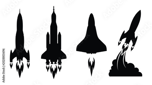 Tableau sur toile Rocket ship silhouettes collection on a white background
