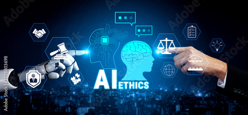 Bild auf Leinwand Collaboration of Human and Robot Hands Representing Ethical Considerations in Artificial Intelligence with Conceptual Icons and Symbols Quark