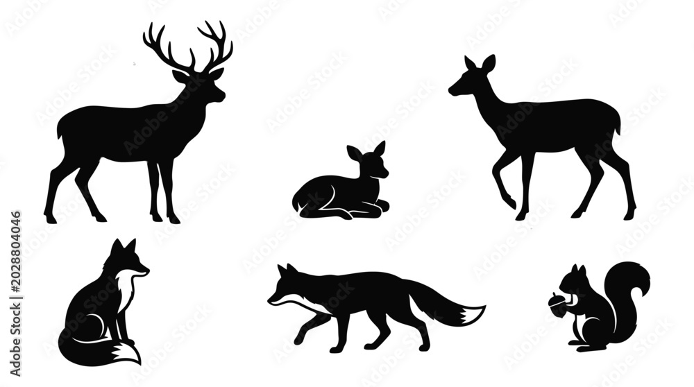 Fototapeta premium Forest animals collection black silhouette