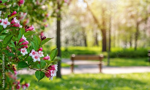 Beautiful park scene with blooming flowers and bench