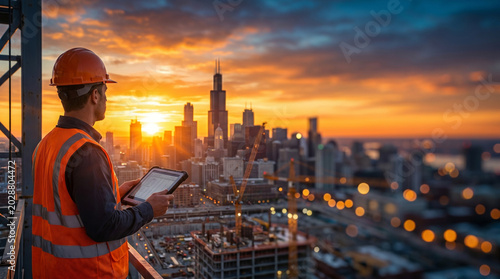 Civil engineer or architect in hard hat using digital tablet at construction site during sunset.