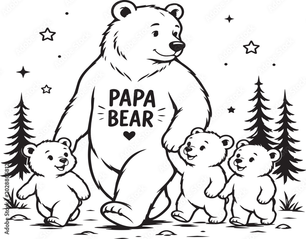 Fototapeta premium Black and white illustration of papa bear with two little cubs walking together in forest fathers day