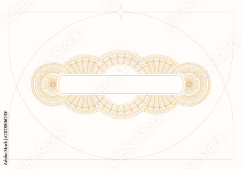 Elegant minimalist art deco certificate frame. Gold guilloche ornament, luxury linear border and blank label space for wedding invitation, premium diploma, award template, voucher decorative printable