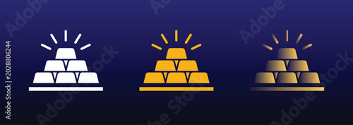 Gold bar icon set with white solid and gradient bullion stack symbols. Dark blue background for wealth investment finance banking precious metals trading savings and asset management design projects