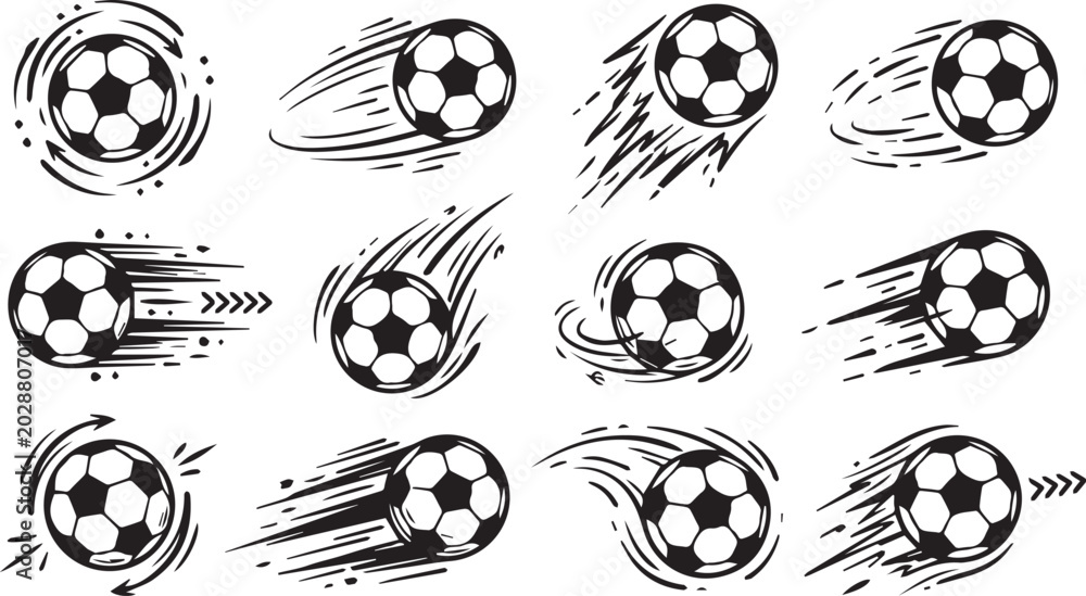 Naklejka premium Black soccer balls in motion on white