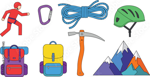 Tableau sur toile Extreme Mountaineering and Rock Climbing Vector Icon Set featuring Climber Chara