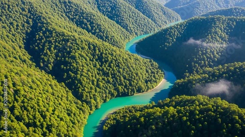 Aerial view of a winding river through lush green mountains