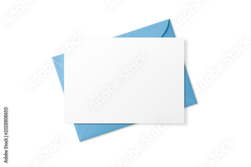 Blue horizontal euro flap envelope mockup with card isolated on transparent background, PNG. High Resolution.