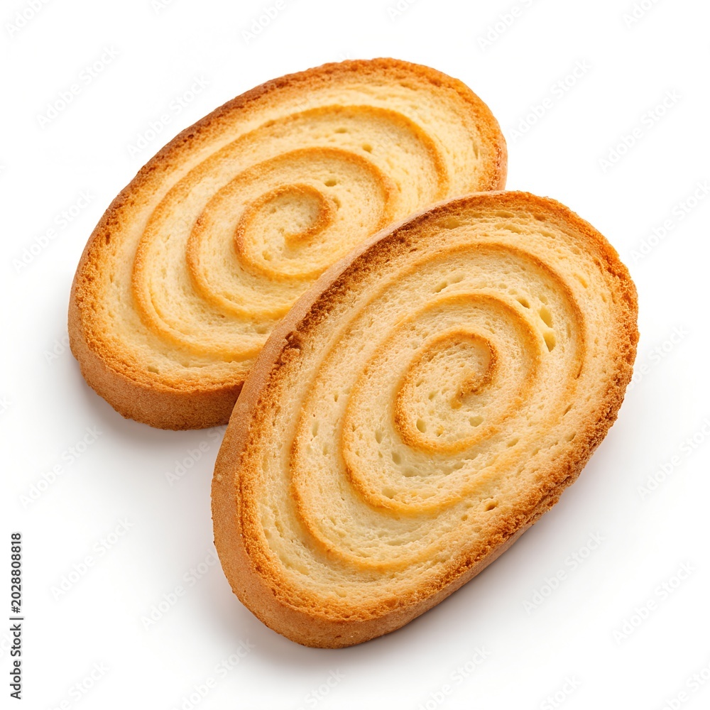 Fototapeta premium Two crispy spiral toasted bread slices isolated on white.