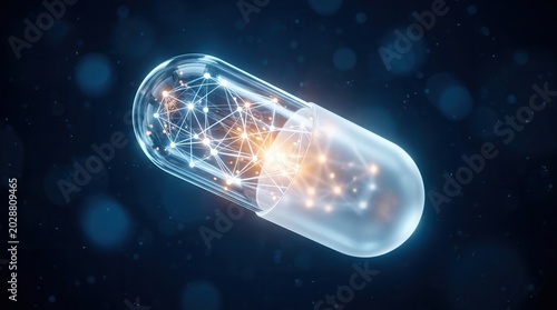 Futuristic transparent medical capsule containing a glowing digital network for biotechnology.