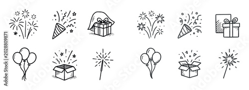 Celebration icons with fireworks gift balloon handdrawn