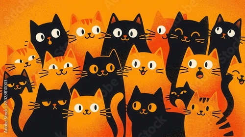 Cute cartoon cats with playful faces on an orange background.