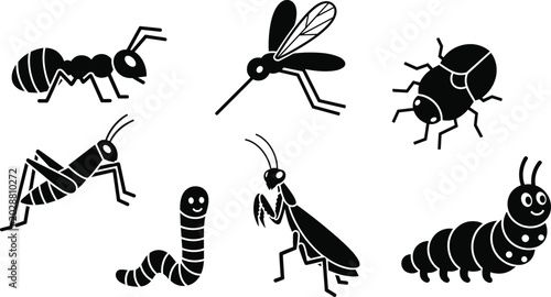 Vászonkép Insects Icon Set Featuring Ant, Mosquito, Beetle, Cricket, Worm, Praying Mantis,