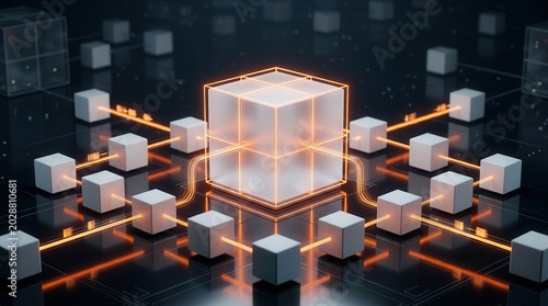 Central node in a connected cube network representing data flow and system architecture.