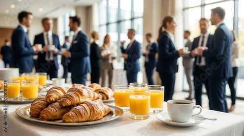 Fresh croissants, coffee, and orange juice at a business conference coffee break.