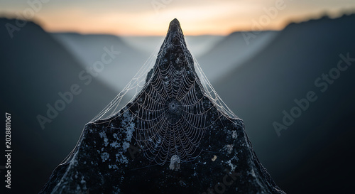 Frozen Spider Web on Rocky Peak at Sunset