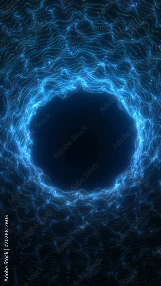 Obraz premium Glowing blue circular portal formed by flowing dotted lines, suggesting digital energy, motion, and sci-fi depth.