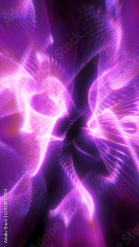 Magenta and purple glowing digital vortex with flowing mesh ribbons, bright motion trails, and futuristic abstract energy.