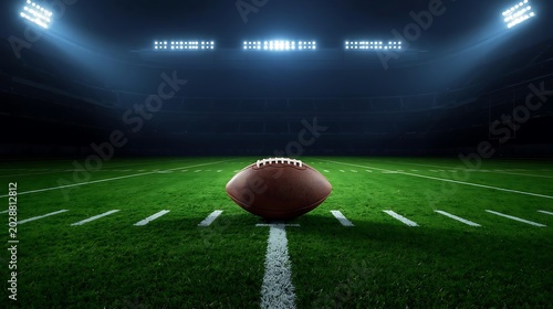 A traditional paneled football resting on freshly cut turf at midfield, encircled by towering stadium lights casting dramatic shadows, with a vast arena fading into darkness and a charged atmosphere