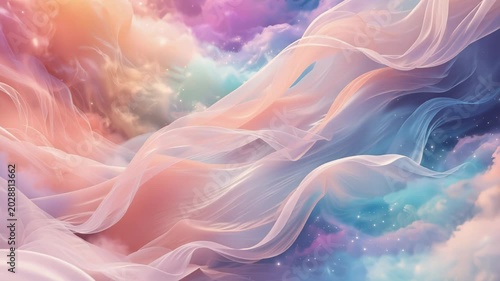 Ethereal pastel dreamscape of flowing silk-like clouds and luminous fabric waves sweeping across a celestial sky, soft nebula colors, misty gradients and delicate starlit haze