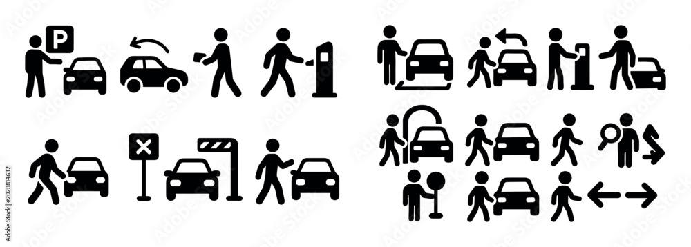 Obraz premium Parking icons with car person barrier outline
