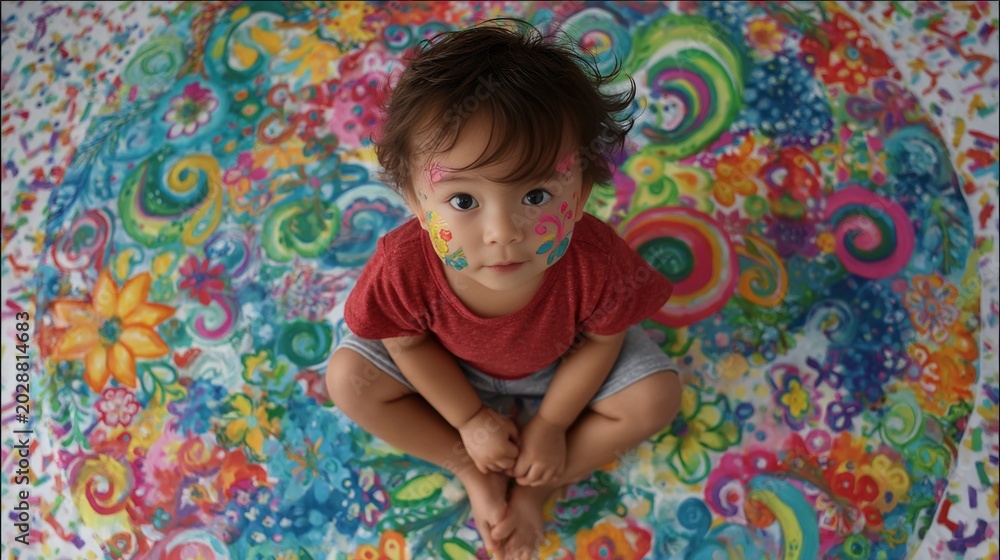 Fototapeta premium Adorable toddler sitting on vibrant colorful abstract floor art looking up with curious eyes and playful expression