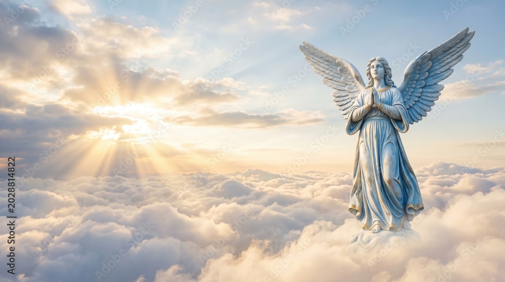 Naklejka premium An angel statue stands with hands together above soft clouds as the sun rises in the background. Light beams shine through the clouds, creating a bright scene