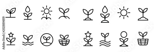 Gardening icons with seed sprout sun outline