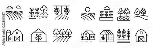 Agriculture icons with barn crops field outline