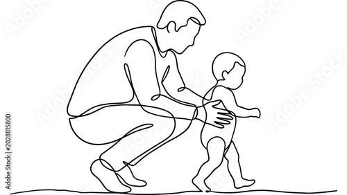 Obraz na plátně Father supporting baby's first steps, continuous line art drawing