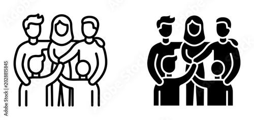 Diverse community icon set, inclusive group of people standing together, multicultural team unity symbols in line and solid vector styles