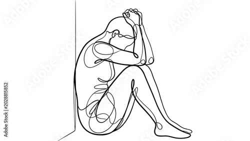 Photos Sadness Silhouette, Abstract Person Sitting Corner, Solitude Line Art