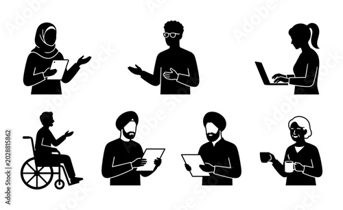 Diverse people using devices, digital communication icons, black silhouettes, modern lifestyle vector graphics, 8 icons