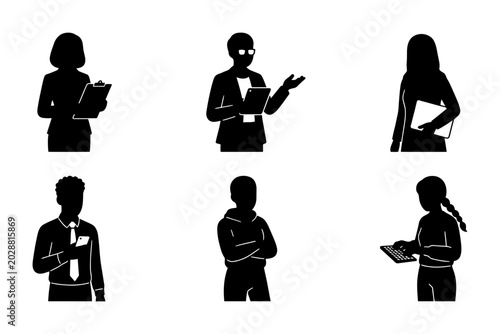 Professional business people silhouettes, set of 6 office worker icons, corporate employees with clipboards and tablets, diverse team vector avatars