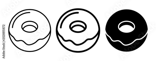 Minimalist donut icon set, black and white glazed doughnut vector illustrations, simple food line art symbols for bakery menus and web design