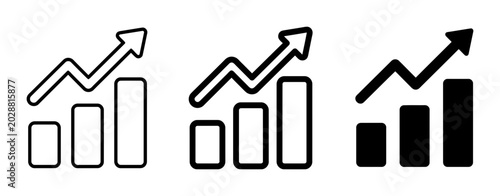 Business growth icons, bar chart symbols, increasing graph signs, financial success vectors