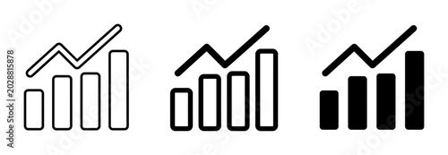 Minimalist business growth chart icons, financial bar graph with upward arrow, set of 3 vector data visualization symbols for analytics and success