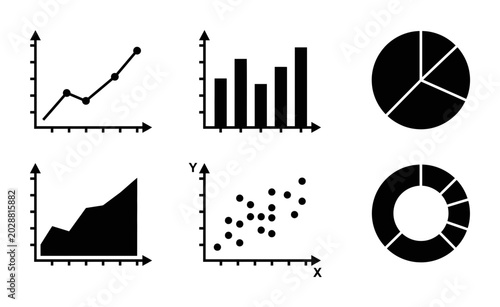 Black infographic elements, charts and graphs set, business data visualization tools, vector icons