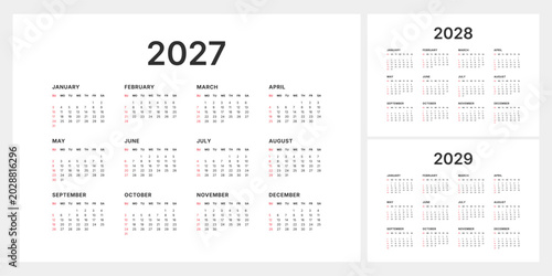Bild auf Leinwand A clean and organized overview of the full years 2027 2028 and 2029 calendars wi