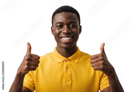 Smiling man giving two thumbs up in bright yellow shirt isolated on transparent background