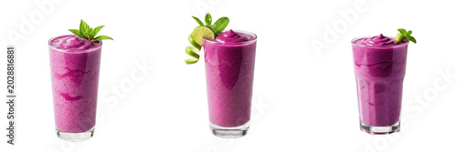 Bild auf Leinwand Set of Creamy Purple Berry Smoothies and Healthy Fruit Milkshakes Isolated on Wh
