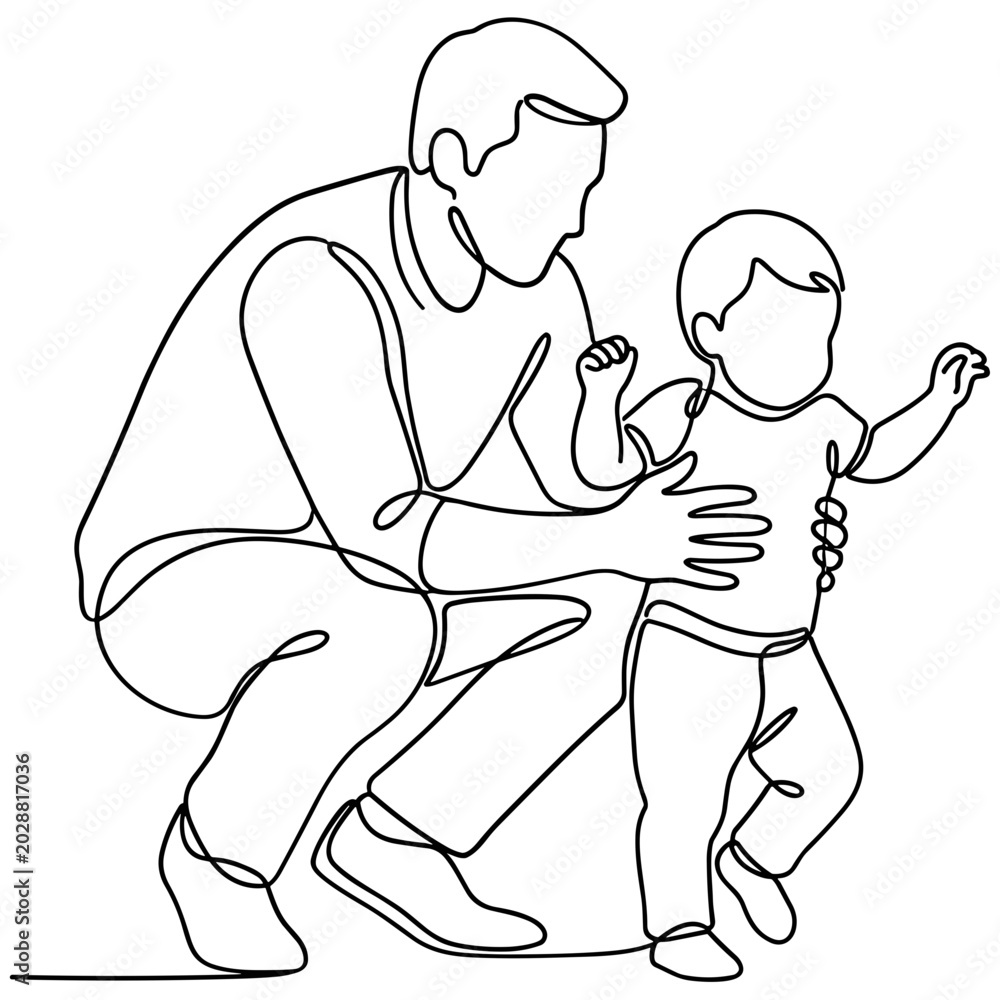 Naklejka premium Father supporting child's first steps, line art drawing, family bonding, learning to walk