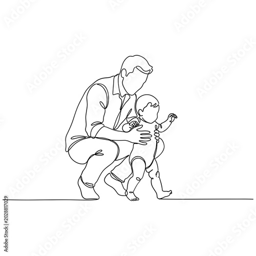 Tableau sur toile Father teaching baby first steps, minimalist line art