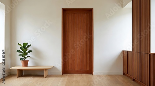 Interior hallway with a wooden door a bench and a potted plant against a white wall image photo