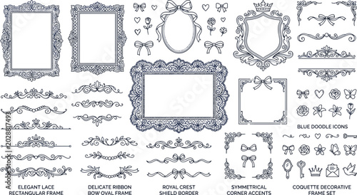 Vintage Coquette Decorative Frame Set with Elegant Lace Rectangular Borders and Royal Crest Shield Accents for Wedding Invitation Vector Illustration