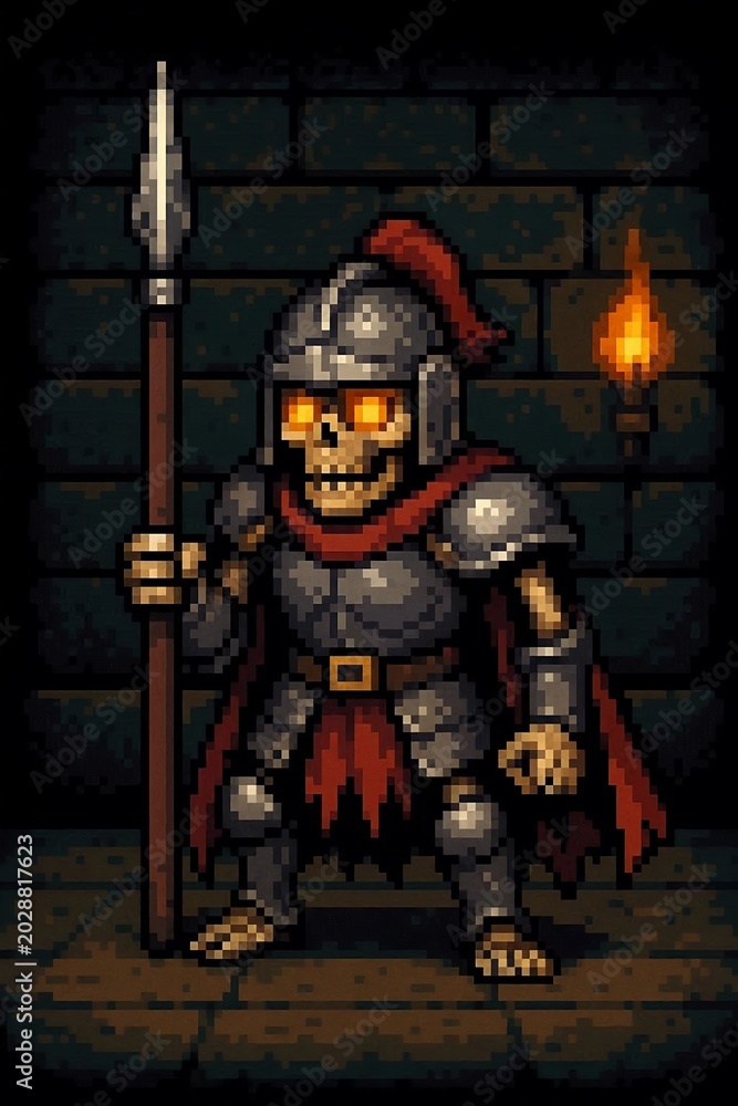 Fototapeta premium Fantasy skeleton knight with glowing eyes standing inside a dark castle