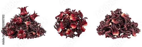 Фотография Pile of dried red hibiscus flowers roselle herbal tea PNG isolated on transparent background
