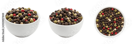Tableau sur toile White ceramic bowl filled with colorful mixed peppercorns PNG on transparent background