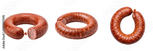 Schilderij op canvas Traditional circular smoked sausage ring kielbasa salami PNG on transparent background