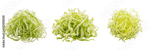 Set of Three Piles of Fresh Shredded Green Cabbage or Lettuce Isolated on White Background, Healthy Raw Vegetable Slices for Salads and Cooking Ingredients, Organic Food Preparation Concept
